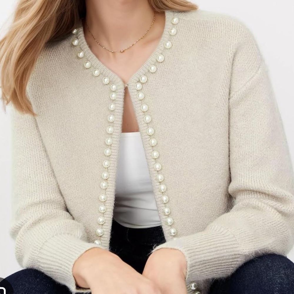 Ann Taylor Beige Cardigan with Pearl Trim